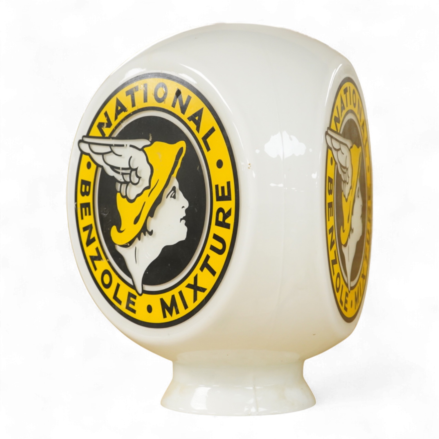 A National Benzole Mixture triple sided opaque glass petrol pump globe, 43cm high, (base af)